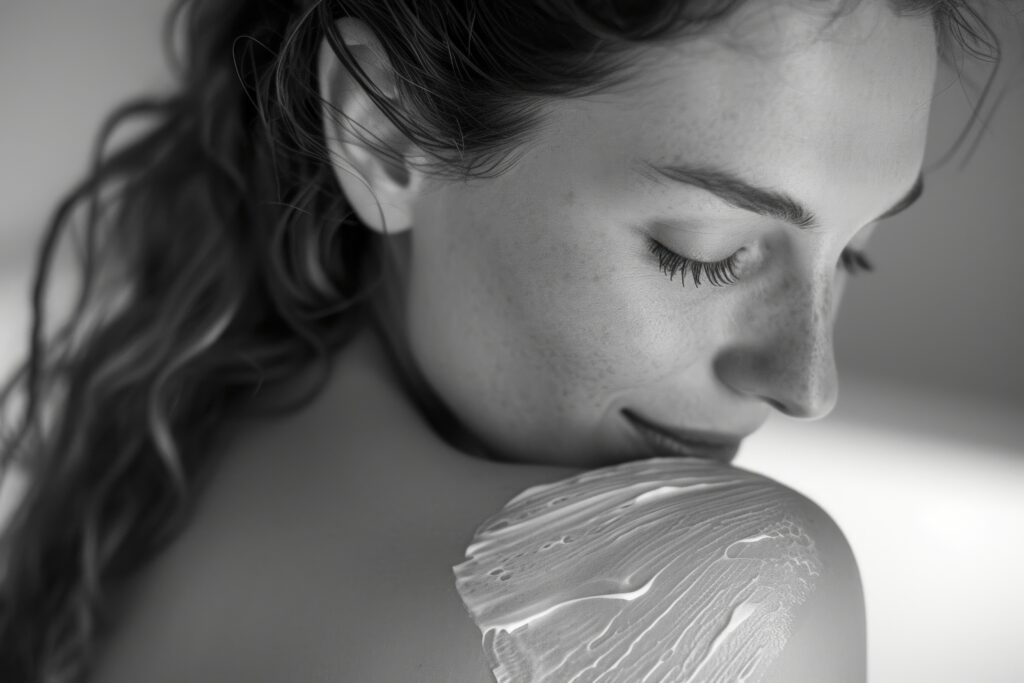 a woman with her eyes closed and a lotion on her shoulder