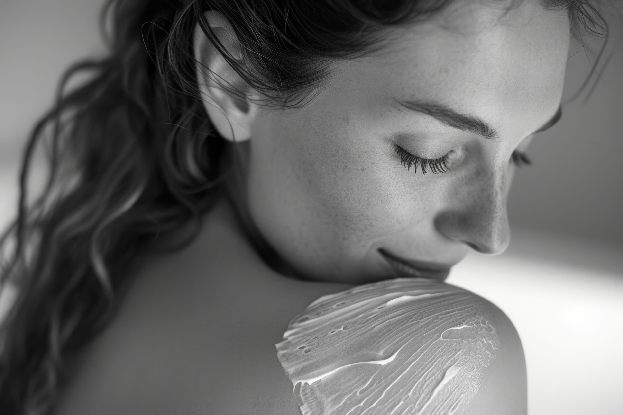 a woman with her eyes closed and a lotion on her shoulder
