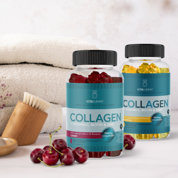 Dvije bočice VitaYummy Collagen gumenih vitamina s okusom trešnje i manga, s vitaminom C, biotinom i cinkom.